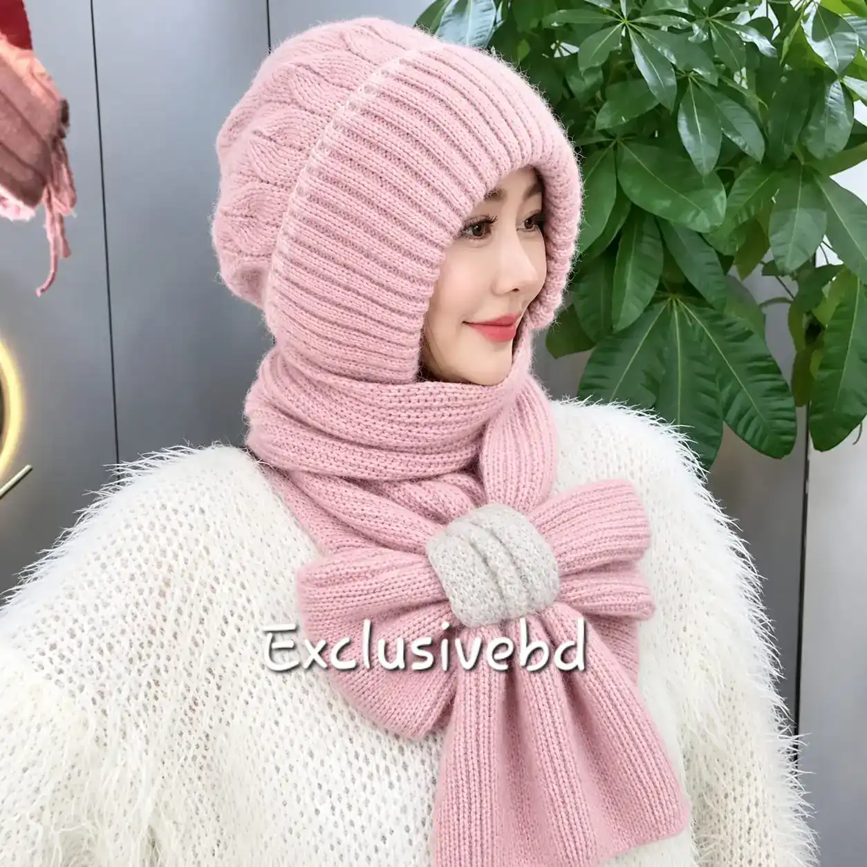 Windproof Cap with Scarf Double spell- Soft Pink