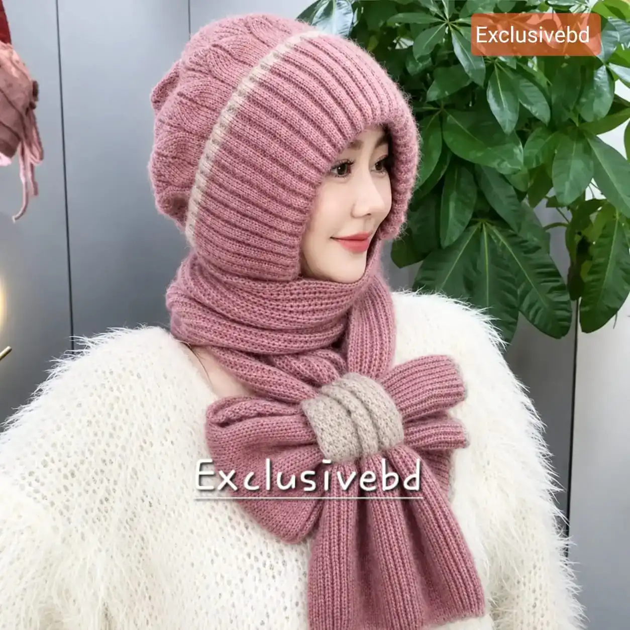 Windproof Cap with Scarf Double spell-Pinkish Brown